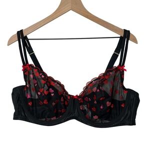 Cacique Black Sheer Heart Embroidery Unlined Balconette Bra Flirty Sexy Mesh 44D